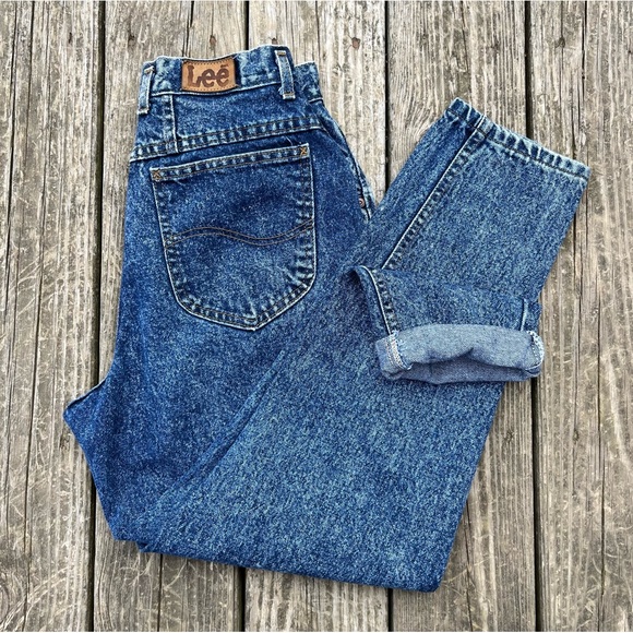 Lee Denim - Vintage Lee Acid Wash High Waist Taper Leg Dark Blue Denim Mom Jeans